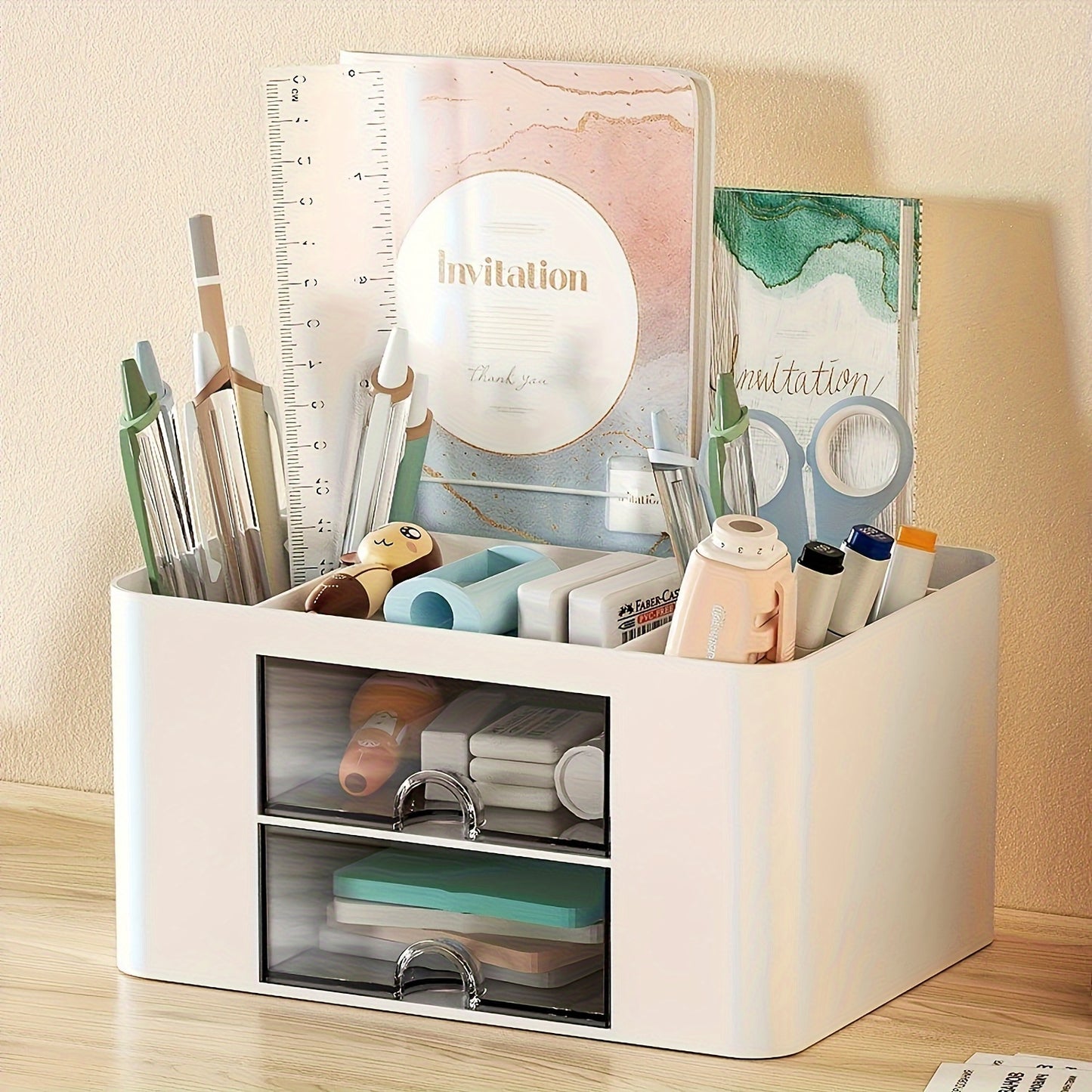 1pc Multi-Functional Plastic 5 Compartments Desk Organizer with 2 Drawers - Office Supply Caddy, Portable Desktop Storage for Stationery, Pens, Pencils, Art Supplies