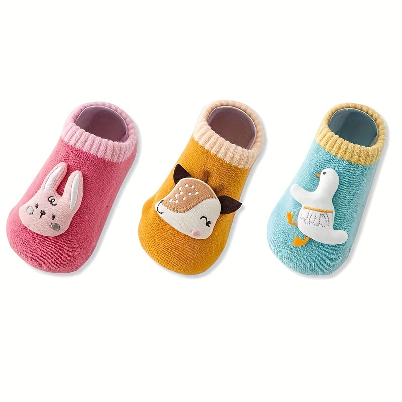 3 Pairs Of Baby Boy's Cartoon Animal Dino Decor Bottom Rubber Non-slip Sports Socks, Comfy Breathable Soft Socks For Babies Wearing