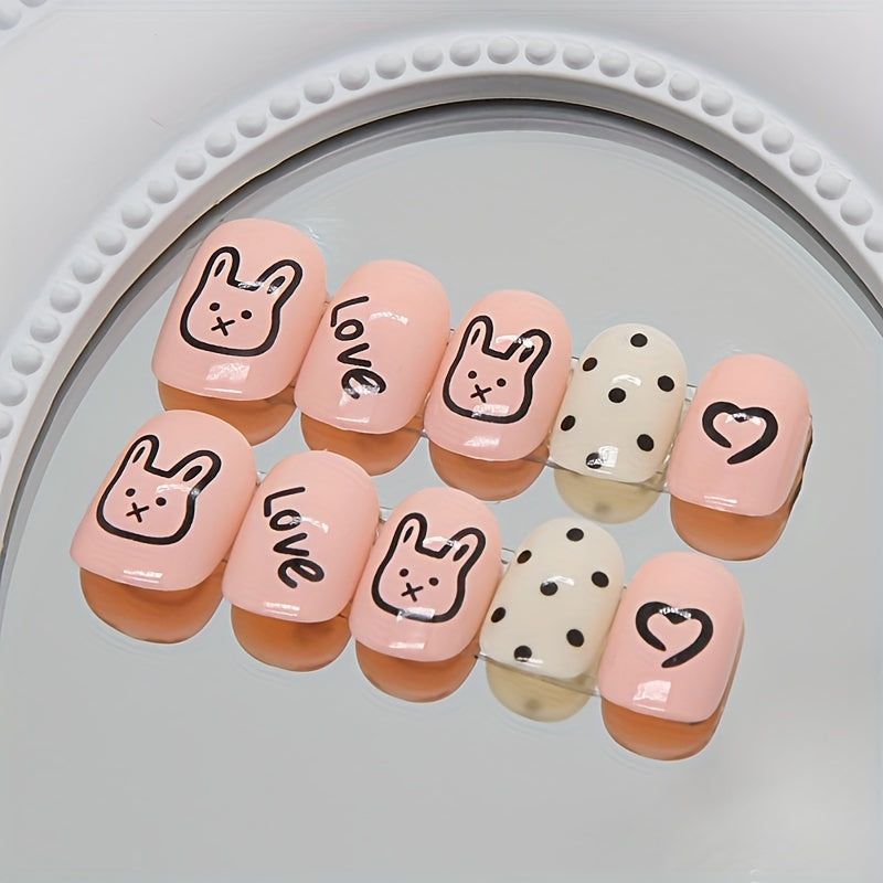 24pcs Small Square Press-On Nails in Pink with Cute Bunny Polka Dot and Heart Design, Includes Jelly Glue & Nail File