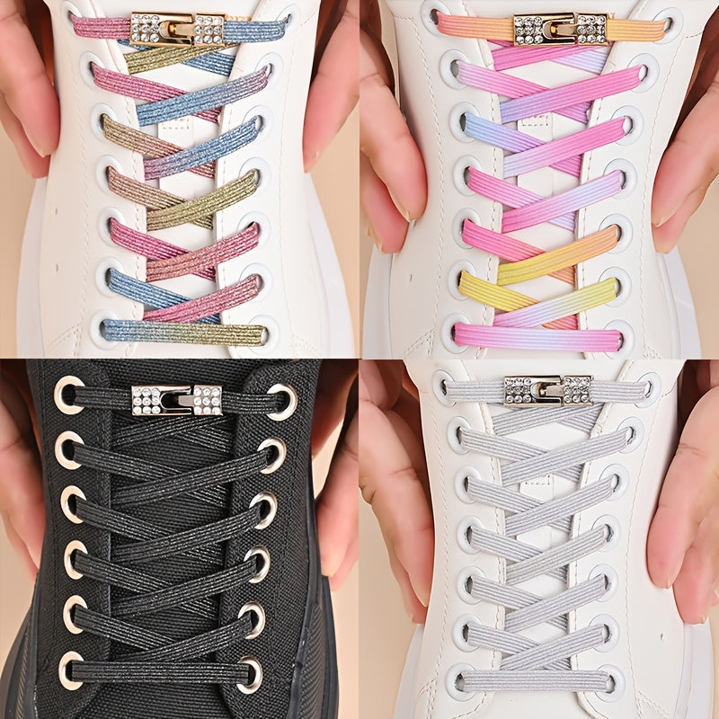 1pair Free-Tie Shoelaces With Rhinestone Buckles, Fashion Elastic Lazy Shoelaces For Sneakers Canvas Shoes Skate Shoes, Women & Men