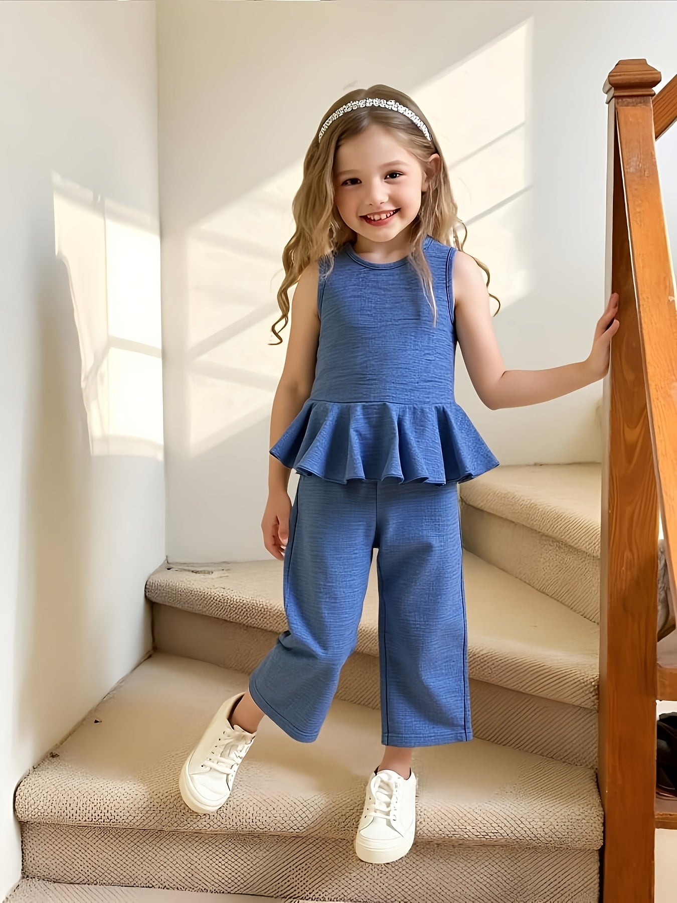 2pcs Young Girl Beach Vacation Set: Sleeveless Ruffle Hem Shirt + Wide Leg Pants, Sister Outfit, Perfect for Outdoor