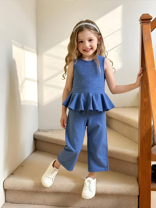 2pcs Young Girl Beach Vacation Set: Sleeveless Ruffle Hem Shirt + Wide Leg Pants, Sister Outfit, Perfect for Outdoor
