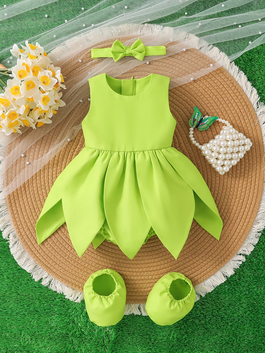 [Cute Fairy Dress] Summer Cute Green Fairy Princess Petal Dress Set for Baby Girl | Sleeveless Top with Ruffled Skirt, Matching Headband & Hair Accessories, Soft Non-Stretch Fabric
