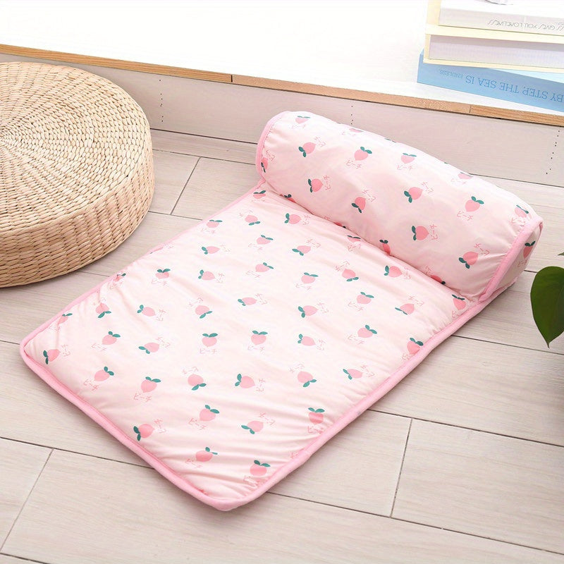 Cooling High-Resilience Pet Ice Dog Bed with Pillow - Breathable Non-Slip Square Dog Nest for Small Dogs, Machine Washable Fruit Pattern Design for Summer Comfort, Pet Beds for Dogs, Easyclean Material
