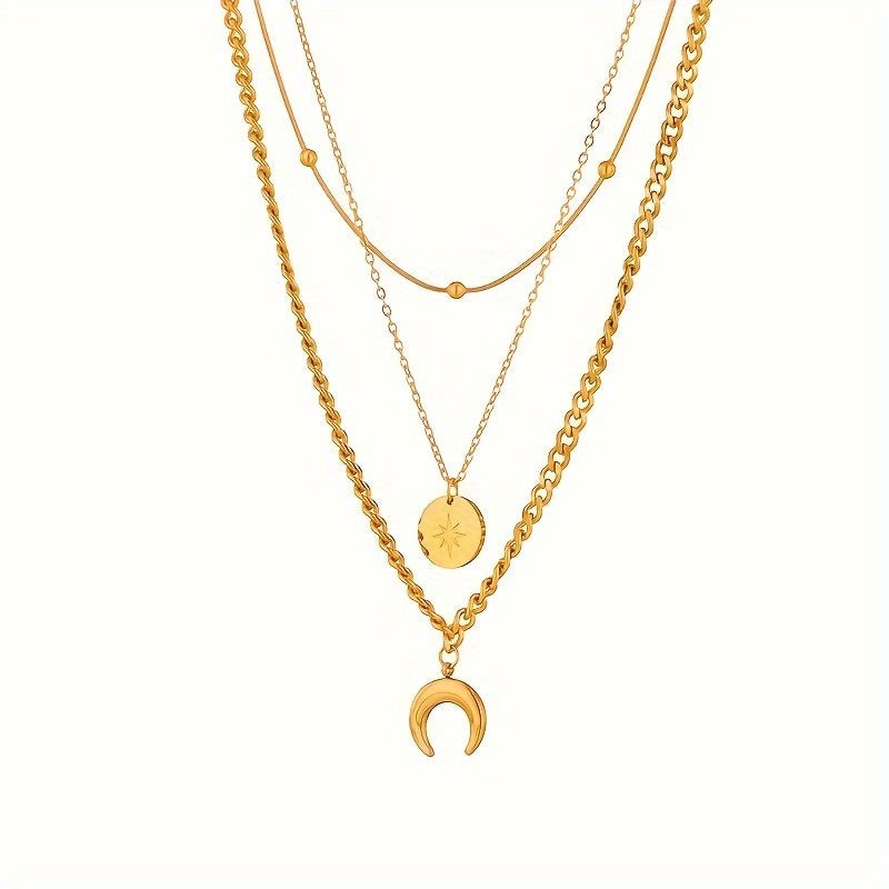 Stainless Steel Golden 3 Layer Shine Crescent Moon Pendant Necklace Women Trend Chain Neck Jewelry Gift, Gift for Eid, Ramadan