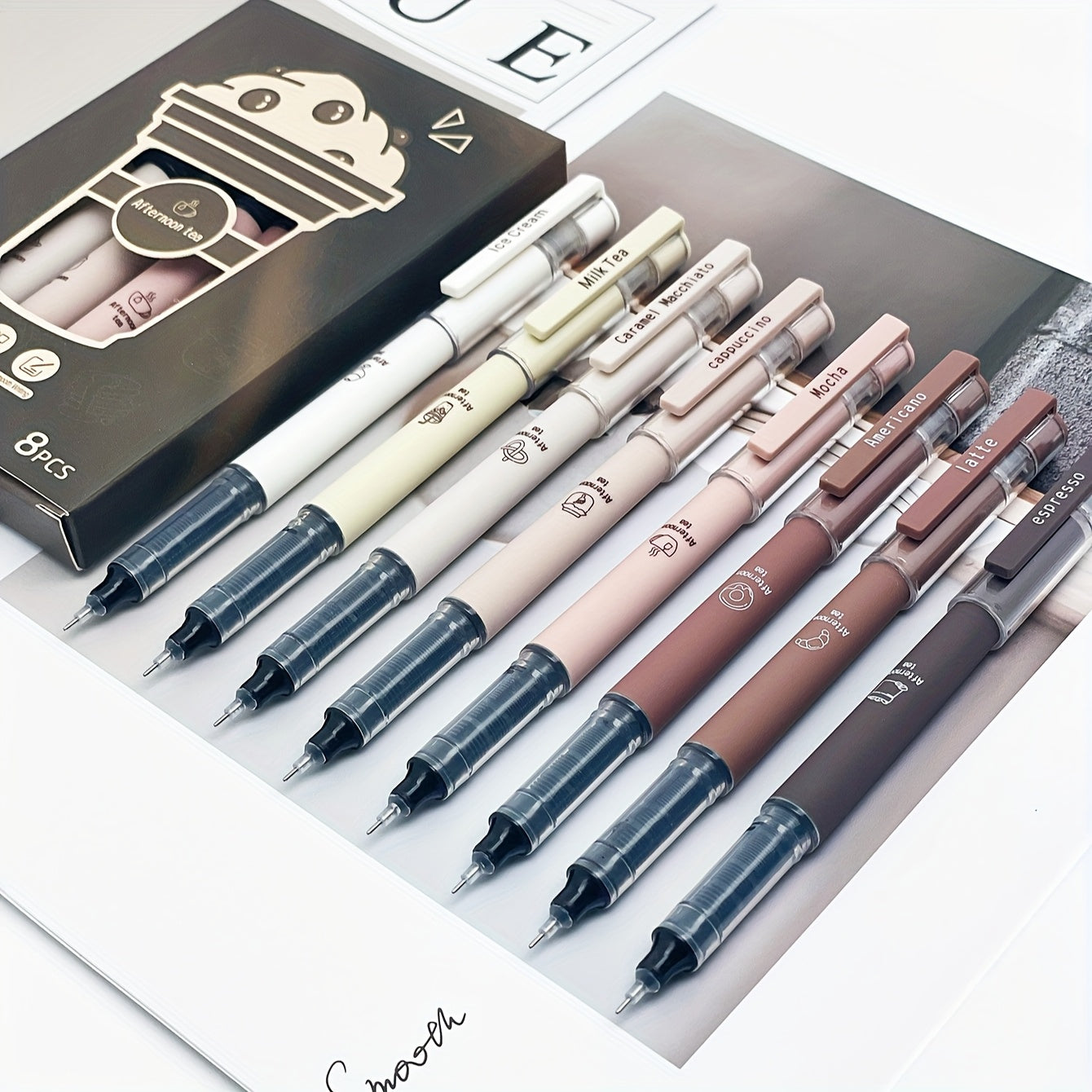 8pcs Coffee-Themed Quick-Dry Gel Pens, No-Smear Soft Fine Tip for Note-Taking, Drawing, School & Office Supplies, Mixed Colors, Back to School Essentials
