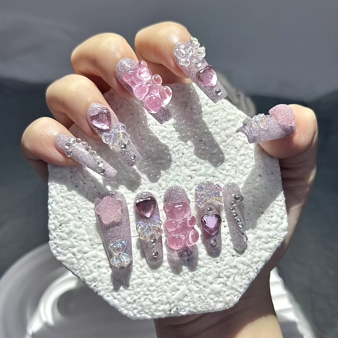 [Cute Handmade Nails] 10pcs Handmade Cartoon Nails | Cute Bow Bear Star Twinkling Nail Art, Wear Nails with 1 Jelly Sticker + 1 Sticker + 1 Nail File - No Glue