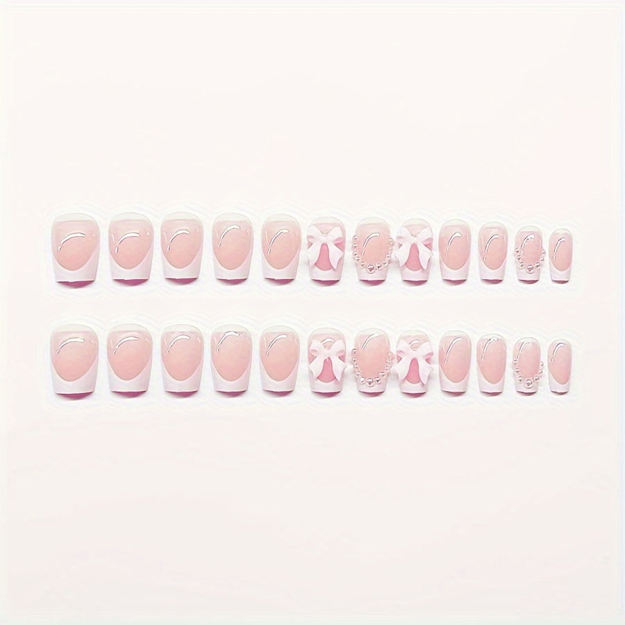 24pcs Pink French Press-On Nails with Bow & Dot Design - Short Coffin Shape Glossy Fake Nails for Women & s, Everyday & Special Occasions, Nails Accessories, Fashion Accessories, Sweet Aesthetic Nails, Decorative Pressons