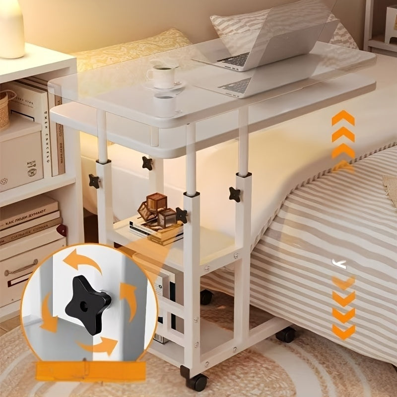 Under 3.2 Cubic Feet Closed Storage Adjustable Height Overbed Table, Wooden Mobile Desk with Storage Shelves, No Electricity Required, Weather-Independent, Less Than 27 Inches Tall, for Home, Bedroom, Dorm, Laptop Stand, Desk & Drawer Organizer
