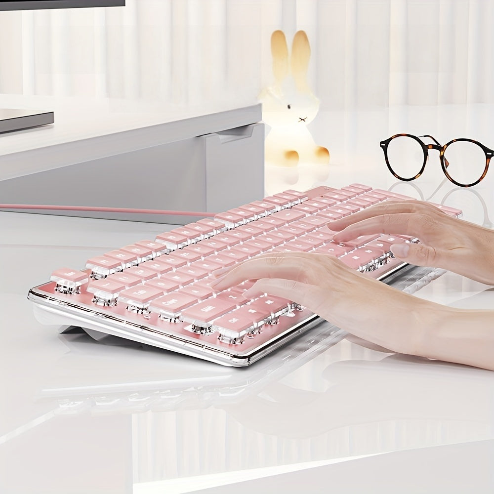 [Aesthetic Keyboard] EWEADN High Aesthetic Keyboard | 104 Keys All-Metal Panel Wired with Cozy keycaps, Mute button, and White Backlit USB - for Games and Office, Windows Laptop PC Pink