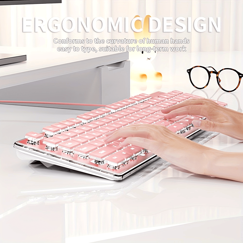 [Aesthetic Keyboard] EWEADN High Aesthetic Keyboard | 104 Keys All-Metal Panel Wired with Cozy keycaps, Mute button, and White Backlit USB - for Games and Office, Windows Laptop PC Pink
