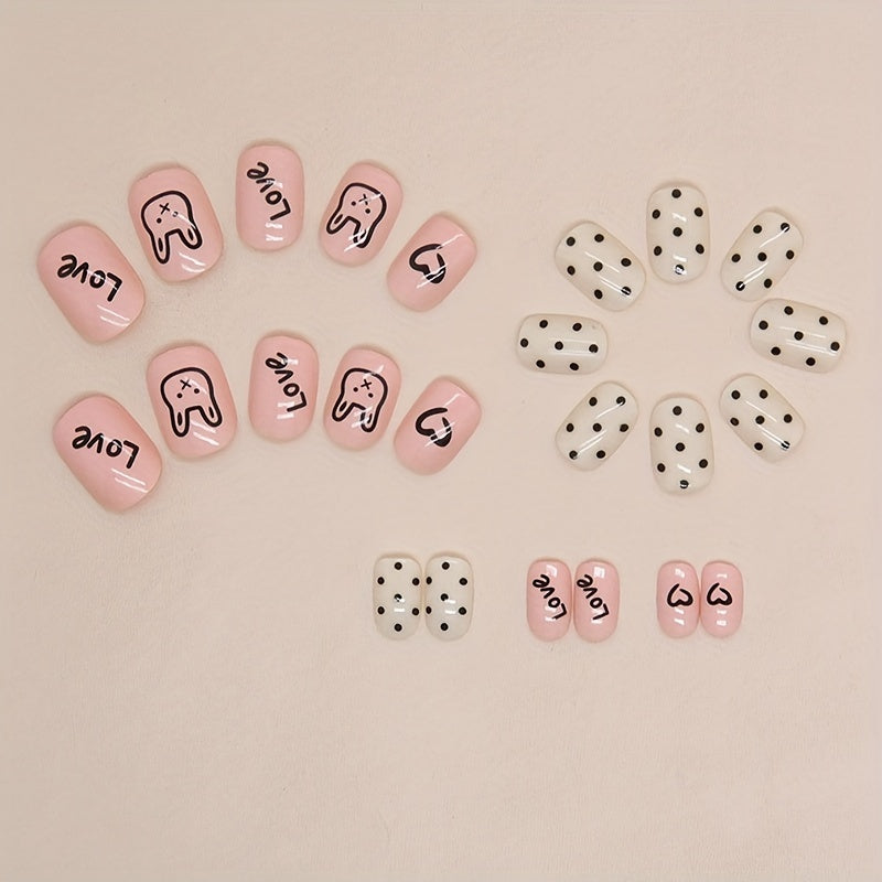 24pcs Small Square Press-On Nails in Pink with Cute Bunny Polka Dot and Heart Design, Includes Jelly Glue & Nail File