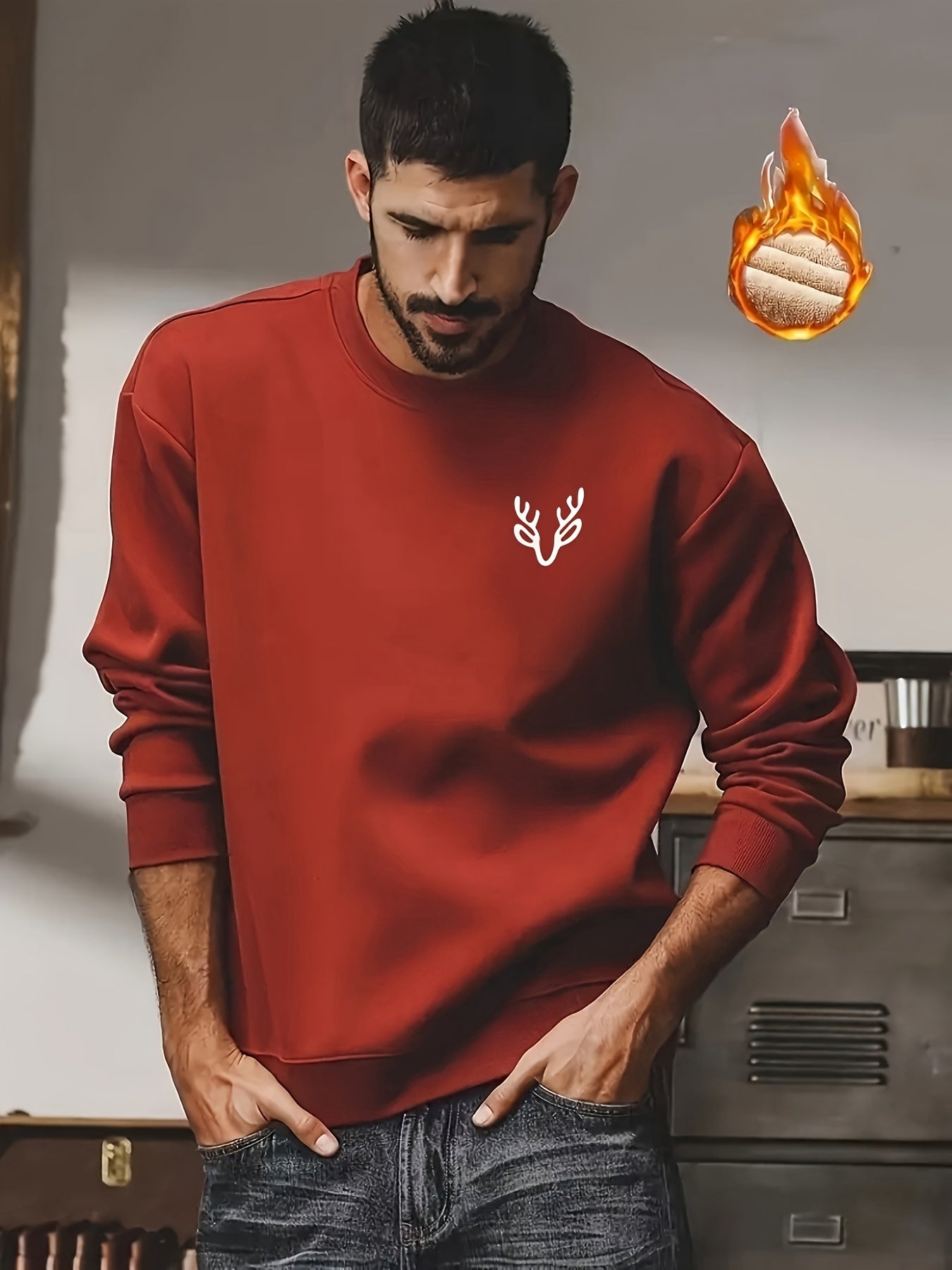Men's Thermal Fleece-Lined Thickened Long Sleeve Sweatshirt - Maroon Animal Print Casual Round Neck Pullover, Machine Washable Winter Warm Top for Outdoor Sports & Casual Attire