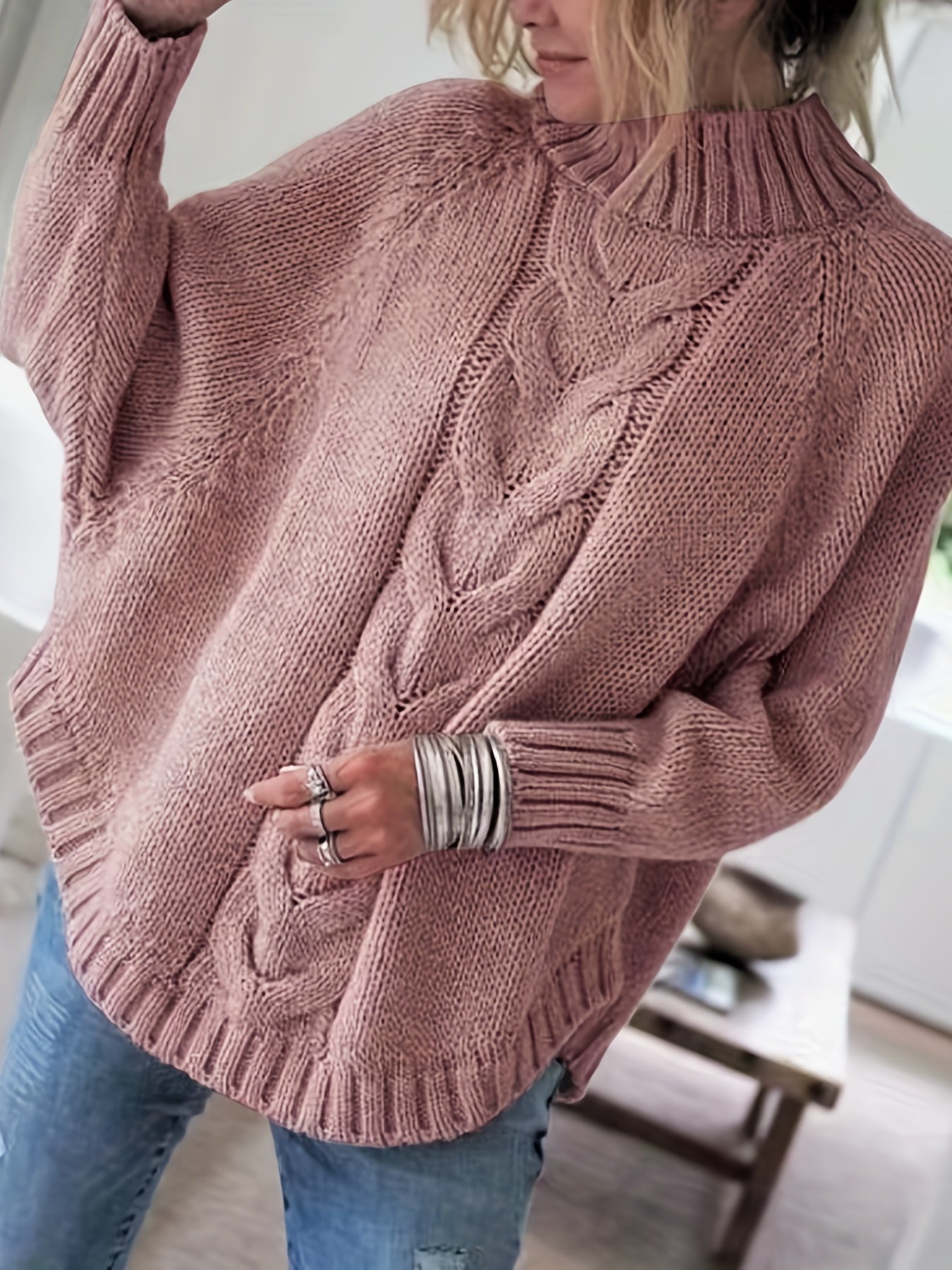 Women'S Vintage-Inspired Black Cable Sweater with High Neck, Loose Fit, Fall & Winter Style - Casual, Everyday Pullover for Autumn and Winter, Autumn Winter Apparel | Vintage Sweater | Cable Pattern, Sweater Dress