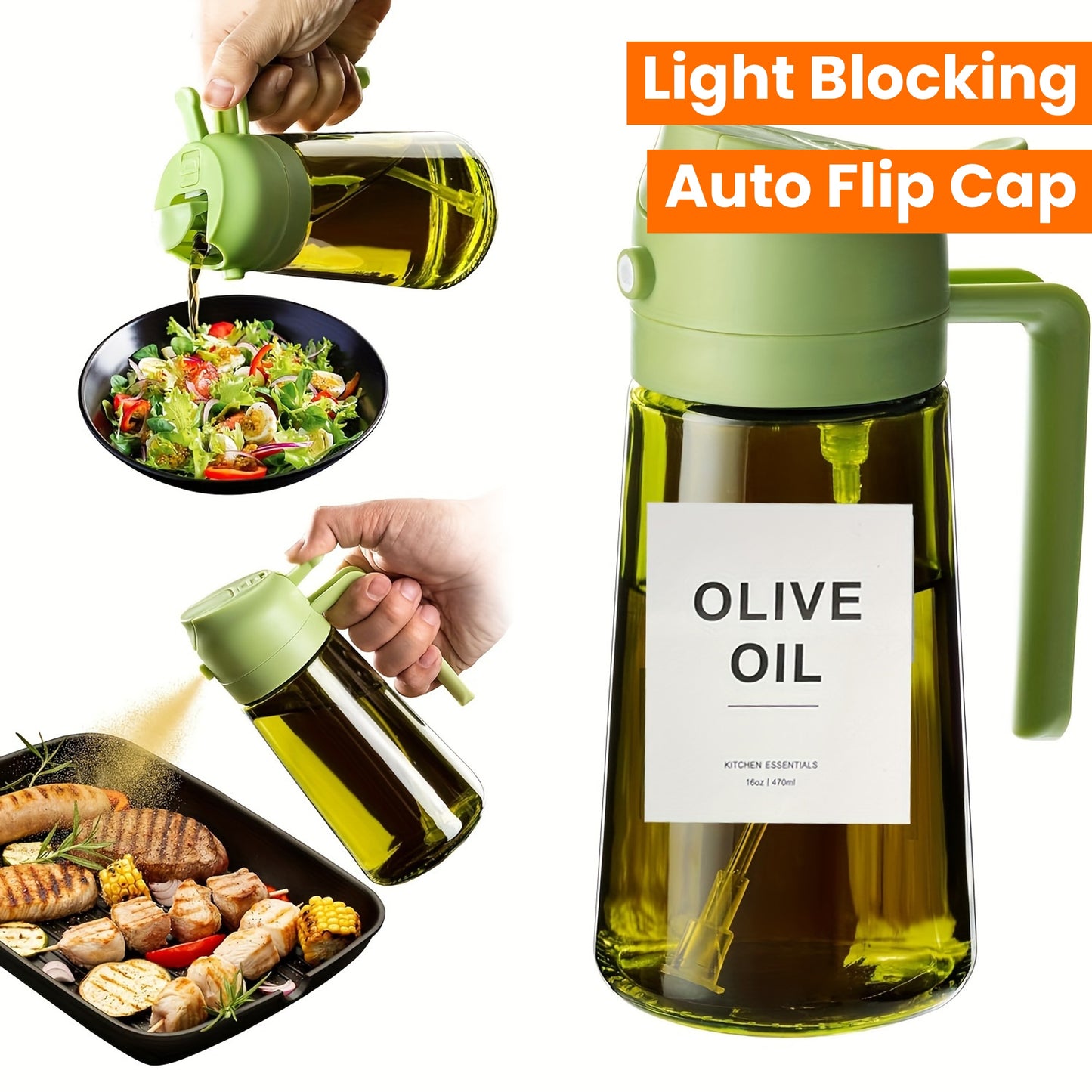 16oz Olive Green Glass Olive Oil Dispenser - 2-in-1 Oil Bottle and Cooking Sprayer with Auto Flip Cap and Label Stickers (Light Blocking)