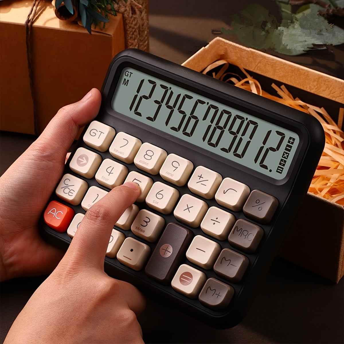 [Retro Calculator] 12-Digit Color Retro Calculator | Computer Office Flexible Keyboard Financial Accounting Commercial Desktop Large Screen Mechanical Key