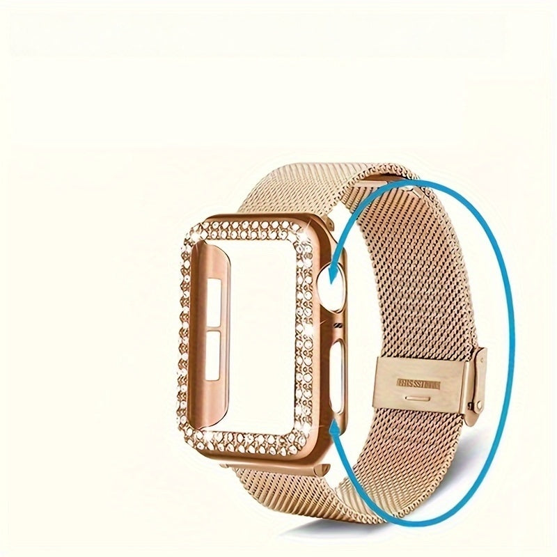 Dial Milan + Diamond Shell Golden Black Rose Golden Breathable Stainless Steel Braided Mesh Metal Strap Adjustable Suitable for iWatch series se s9 8 7 6 5 4 3 2 1 Series 2pcs Combination High-end Luxury Anti-collision Anti-scratch PC Hard Material Inlaid