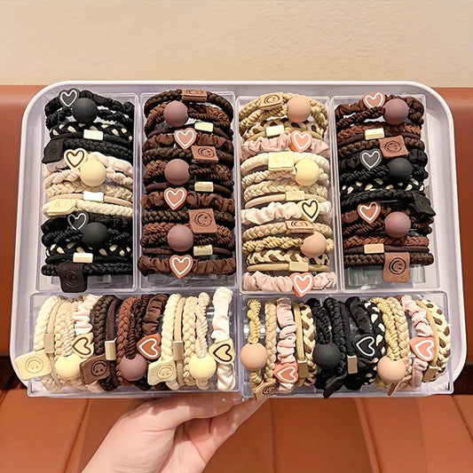 25pcs Boho Chic Women's Hair Ties Set - Cute Heart Charm & Bead Elastic Headbands for All Hair Types, Perfect for Ponytails and Workouts, Bohemian Style