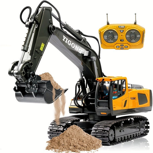 [RC Excavator Toy] 2.4Ghz Remote Control Excavator Toy | for Boys, Kids 6 7 8 9 10 11 Year Old, with Metal Shovel, Lights, Sounds, Turns 680 Degree - Bigger 1/18 Scale RC Construction Toys