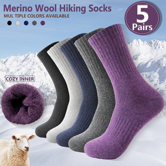 5 Pairs Merino Wool Hiking Socks, Thermal Warm Winter Thick Cushion Moisture Wicking Crew Boot Socks for Women, Perfect for Cold Weather, Winter Warm Essentials