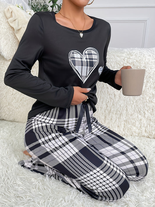 Cozy Heart Print Pajama Set - Soft Polyester Knit Fabric, Long Sleeve Crew Neck Top with Adorable Bow Detail, Plaid Pants for Fall/Winter, Comfortable Sleepwear Two-Piece Outfit for Women
