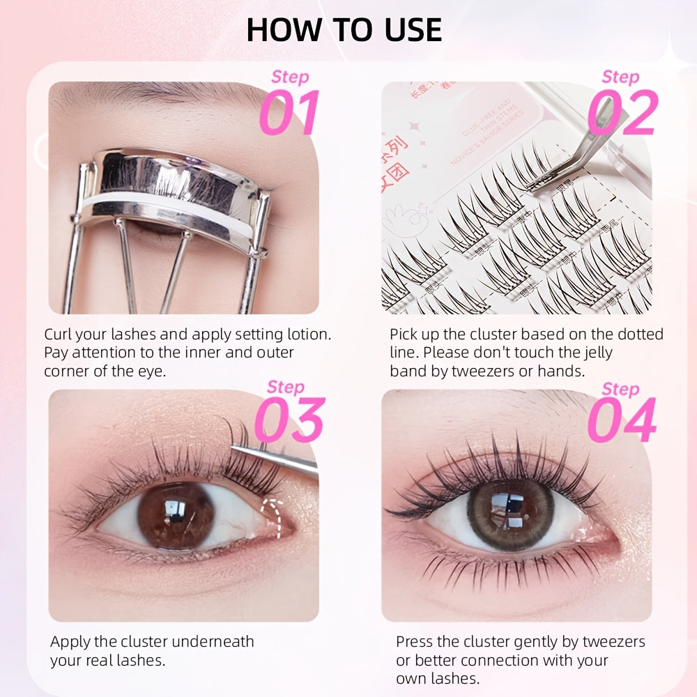 42 Clusters C/J Curl No Glue Needed Eyelash Extensions Handmade Grafting Individual False Eyelash Wispy Lashes Gift for Women & Girl
