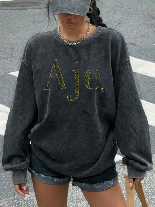 Women'S Casual Vintage Washed Sweatshirt with "Aje." Letter Print, Gray Crew Neck, Long Sleeves, Frayed Hem, Polyester Blend, Fall/Winter Collection, Casual Wear | Relaxed Fit Sweatshirt | Polyester Blend