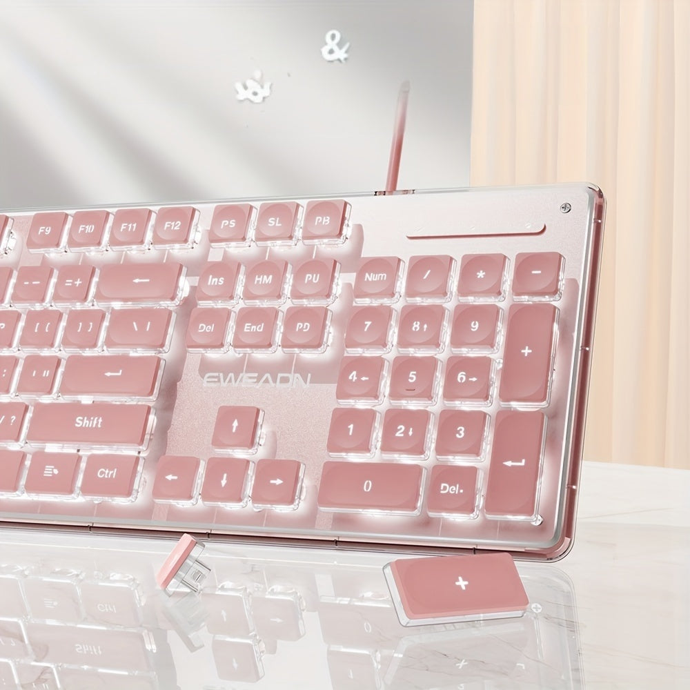 [Aesthetic Keyboard] EWEADN High Aesthetic Keyboard | 104 Keys All-Metal Panel Wired with Cozy keycaps, Mute button, and White Backlit USB - for Games and Office, Windows Laptop PC Pink