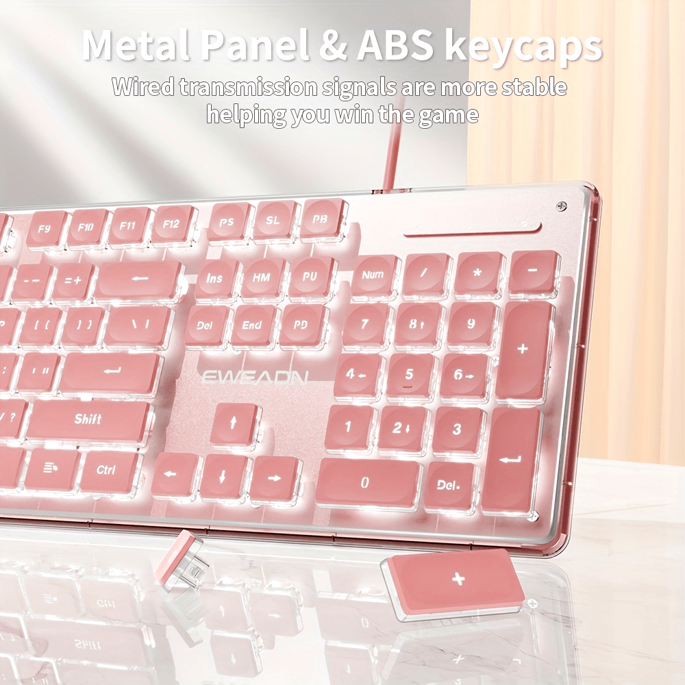 [Aesthetic Keyboard] EWEADN High Aesthetic Keyboard | 104 Keys All-Metal Panel Wired with Cozy keycaps, Mute button, and White Backlit USB - for Games and Office, Windows Laptop PC Pink