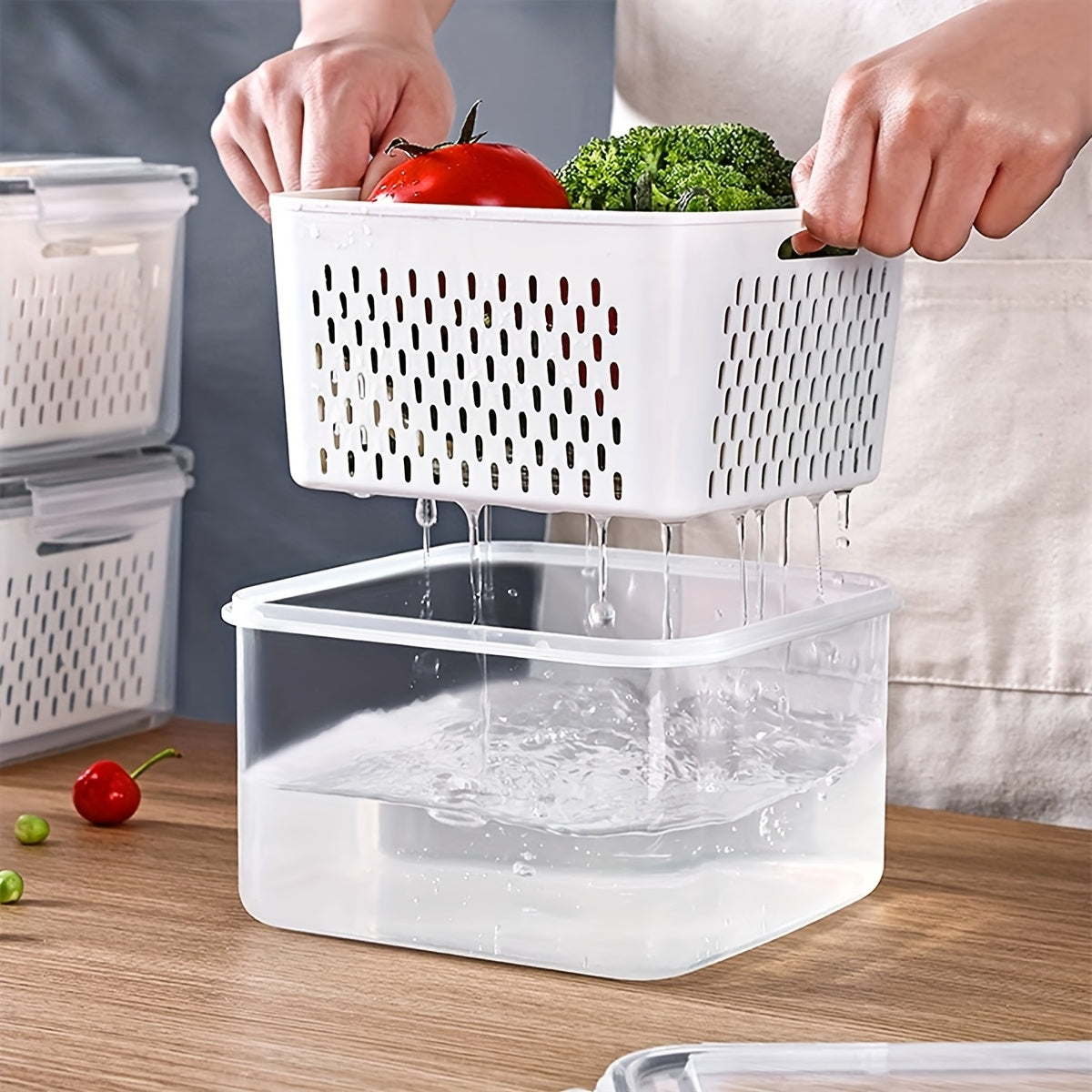 9pcs BPA-Free Plastic Food Storage Container Set with Drain Basket and Lids - Leak-Proof, Refrigerator Safe, Reusable Multifunctional Kitchen Organizer for Fruits, Vegetables and Food