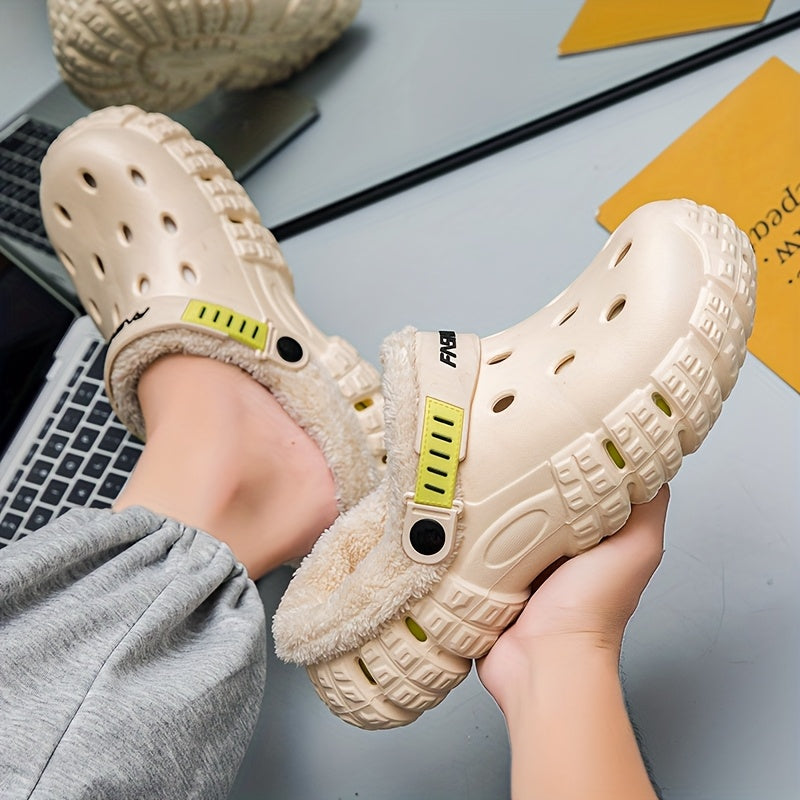 Unisex Winter Fleece-Lined Slip-On Clogs with Removable Plush Inner Lining, Non-Slip EVA Sole & Thick Insulation for Snow & Cold Weather - Beige Casual Shoes for Men and Women, Winter Shoes, Outdoor Footwear, Unique Tread Pattern, Durable Grip Footwear