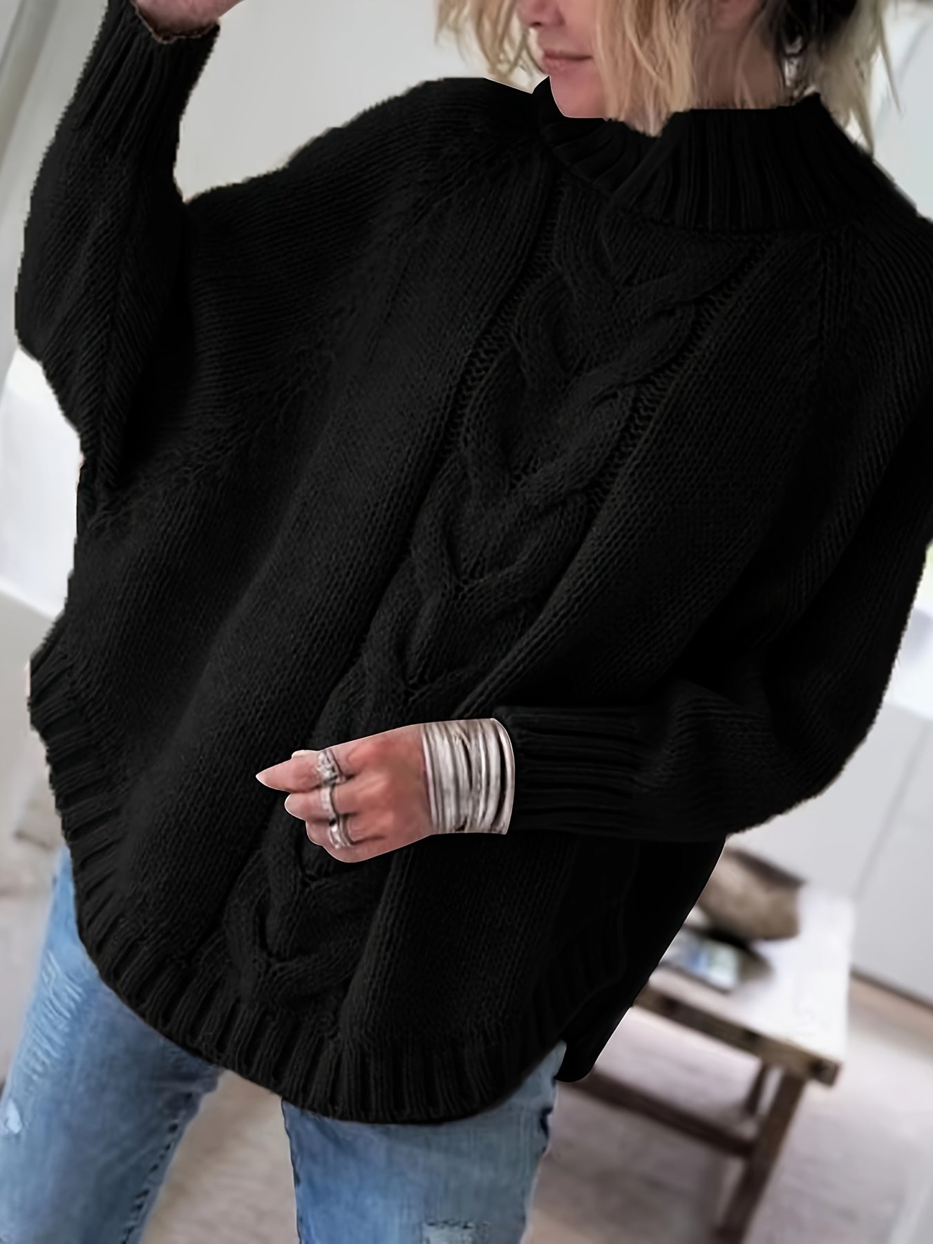 Women'S Vintage-Inspired Black Cable Sweater with High Neck, Loose Fit, Fall & Winter Style - Casual, Everyday Pullover for Autumn and Winter, Autumn Winter Apparel | Vintage Sweater | Cable Pattern, Sweater Dress