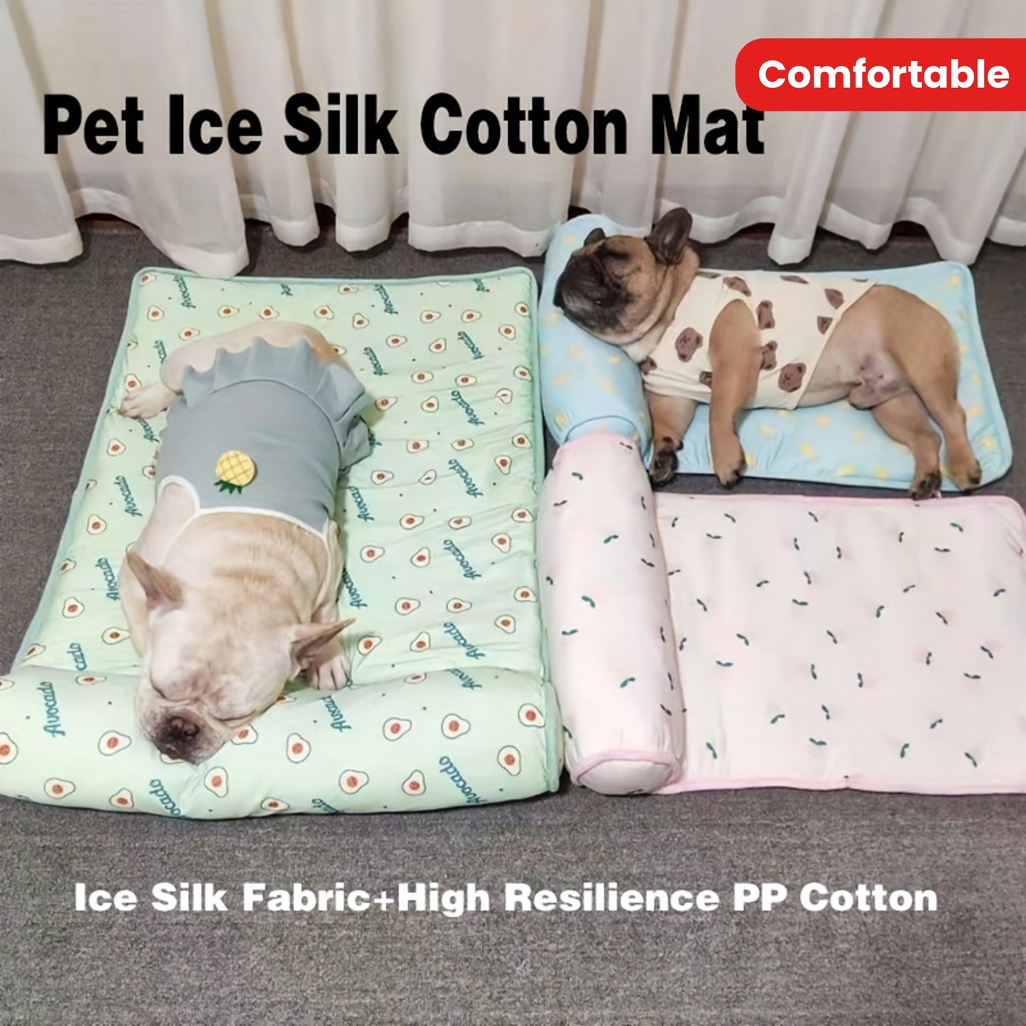 Cooling High-Resilience Pet Ice Dog Bed with Pillow - Breathable Non-Slip Square Dog Nest for Small Dogs, Machine Washable Fruit Pattern Design for Summer Comfort, Pet Beds for Dogs, Easyclean Material