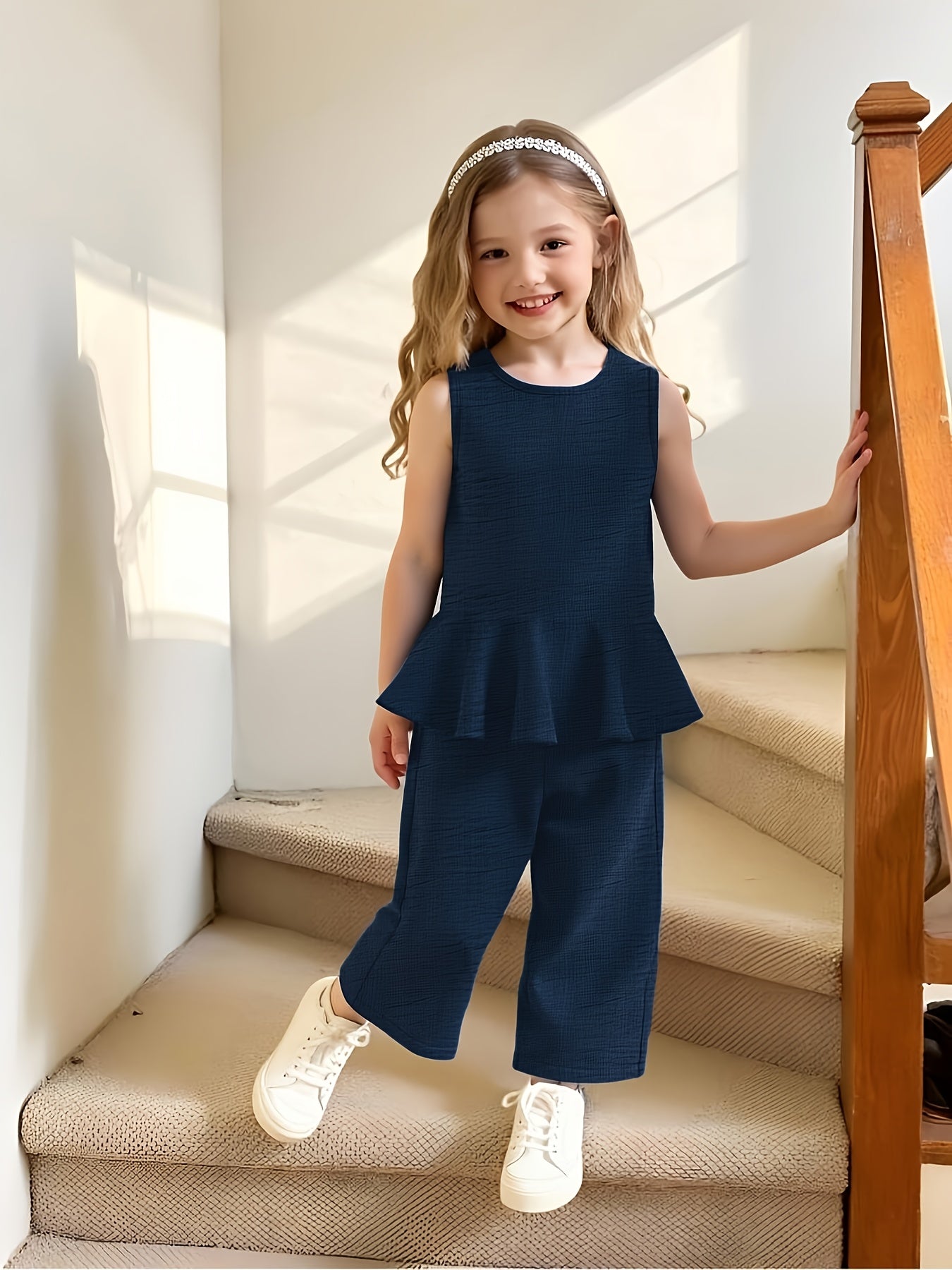 2pcs Young Girl Beach Vacation Set: Sleeveless Ruffle Hem Shirt + Wide Leg Pants, Sister Outfit, Perfect for Outdoor