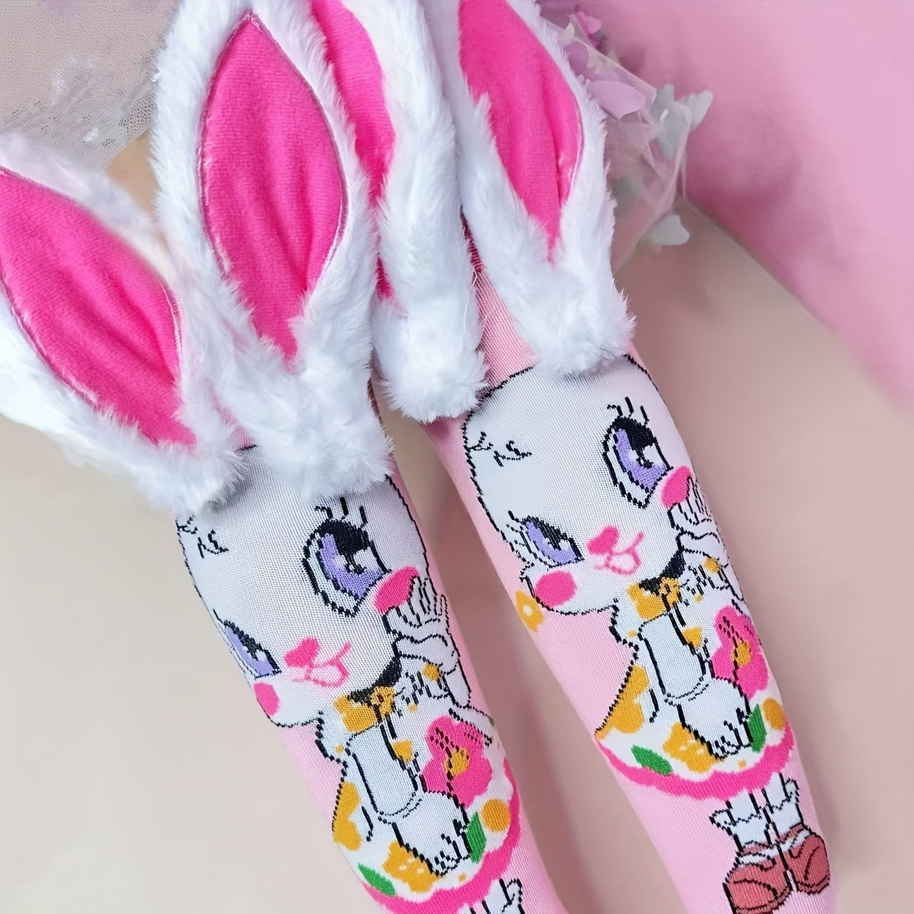 [Colorful Bunny Socks] 1 Pair Bunny Ear Knee-High Socks | Colorful Cartoon Rabbit Design with Easter Eggs & Flowers, Soft Polyester All-Season Machine Washable Socks Fashion