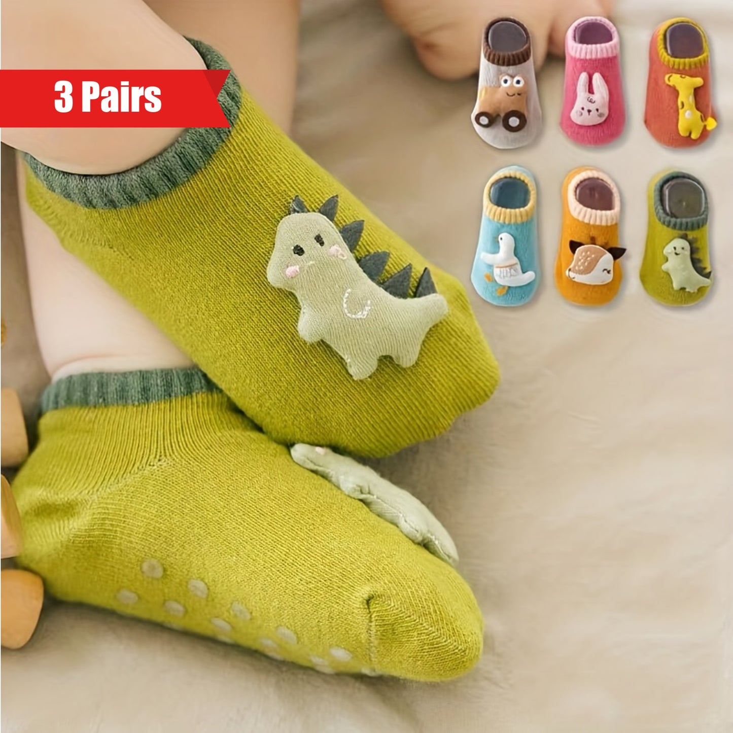 3 Pairs Of Baby Boy's Cartoon Animal Dino Decor Bottom Rubber Non-slip Sports Socks, Comfy Breathable Soft Socks For Babies Wearing