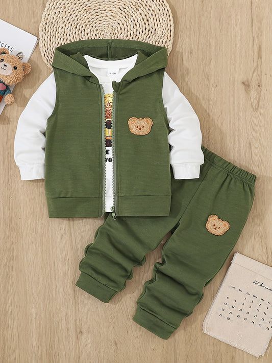 A 3pcs Set for Baby Boys Featuring a Hoodie with Bear And a Vest - Casual Sportswear with Zipper Details, Machine Washable - Perfect for Spring And Autumn, Ideal for Outdoor Activities.