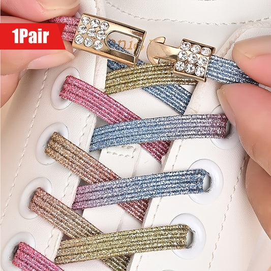 1pair Free-Tie Shoelaces With Rhinestone Buckles, Fashion Elastic Lazy Shoelaces For Sneakers Canvas Shoes Skate Shoes, Women & Men