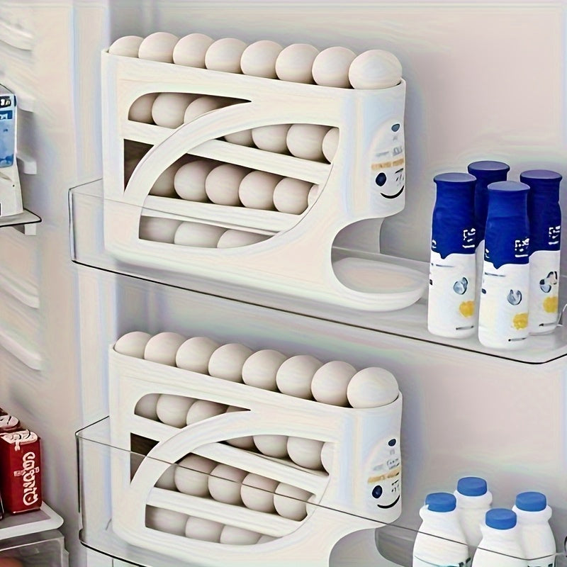 4-Tier Rolling Egg Holder - Space-Saving Side Door Design, Holds Up to 30 Eggs, Smooth Glossy Finish, Convenient Grip Handles, Ideal for Kitchen & Refrigerator Storage, Kitchen Organization | Modern Kitchen Accessory | Durable Plastic Holder,