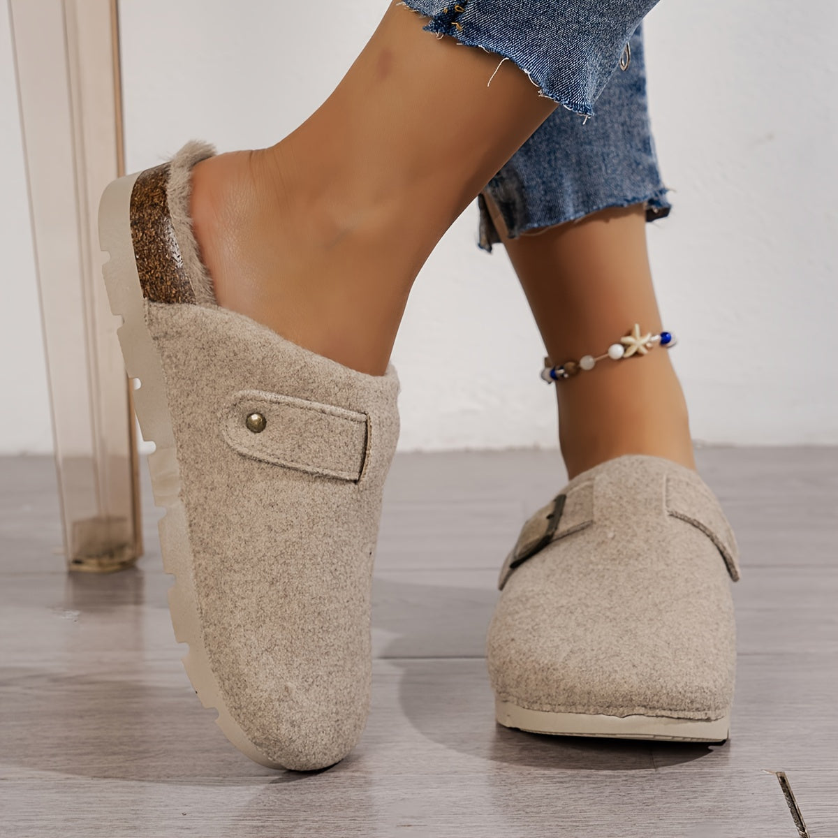 [Comfortable Fleece Slippers] Warm Fleece-Lined Slippers | Autumn and Winter Women's Fashion Casual Comfortable, Slip-on Thick Sole Half-Covered Heel Slides