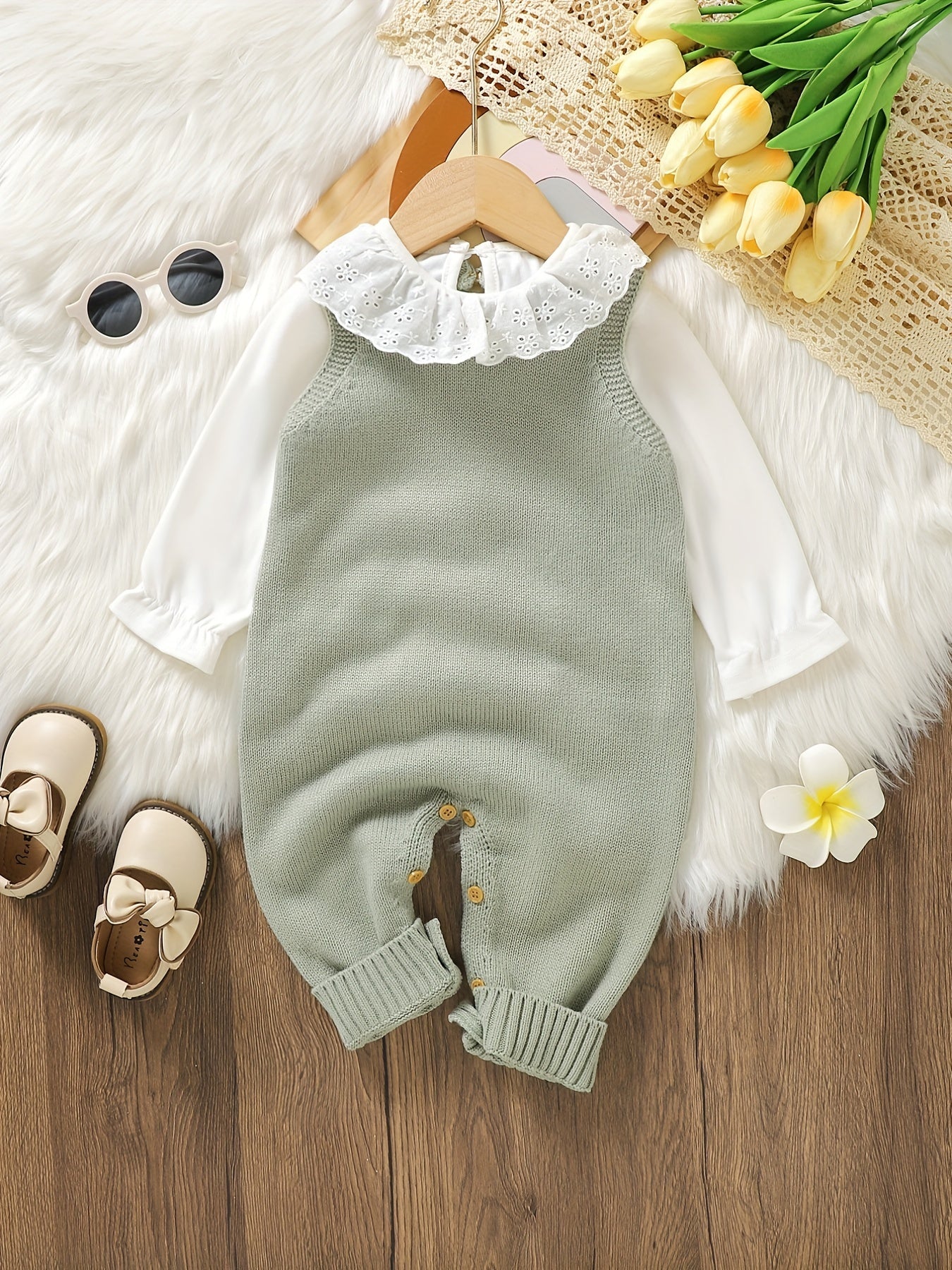 Unisex Bodysuit with Heart Jacquard Detail - Soft 100% Acrylic Square Neck Winter Outfit, Elastic Crotch & Snap Closure, Light Green Adorable Clothing for &, Perfect for Outdoor