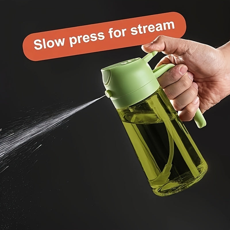 16oz Olive Green Glass Olive Oil Dispenser - 2-in-1 Oil Bottle and Cooking Sprayer with Auto Flip Cap and Label Stickers (Light Blocking)