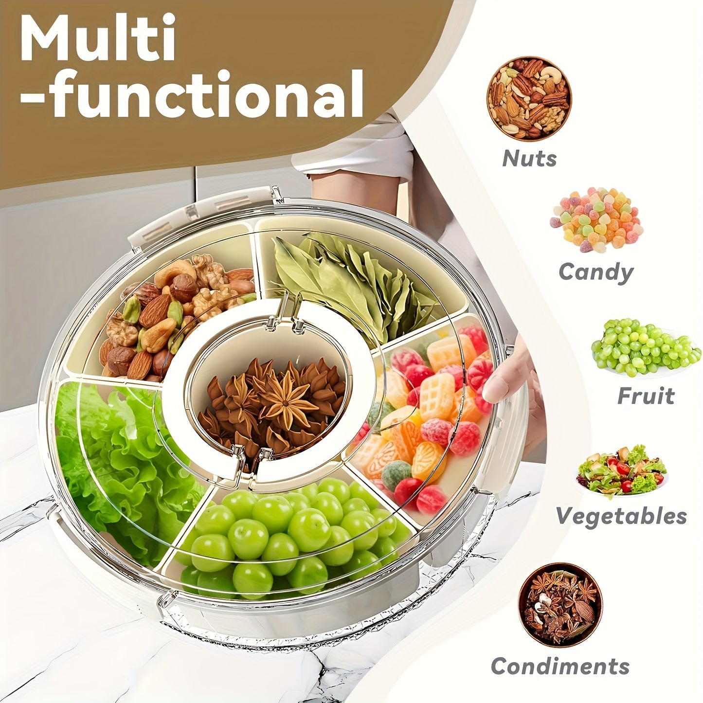 1pc HOOFUN Rotating Fruit and Vegetable Tray with Lid and Handle - Durable Plastic, Multi-Compartment Organizer for Kitchen Storage, Ideal for Snacks and Produce Display, Kitchen Organizers And Storage