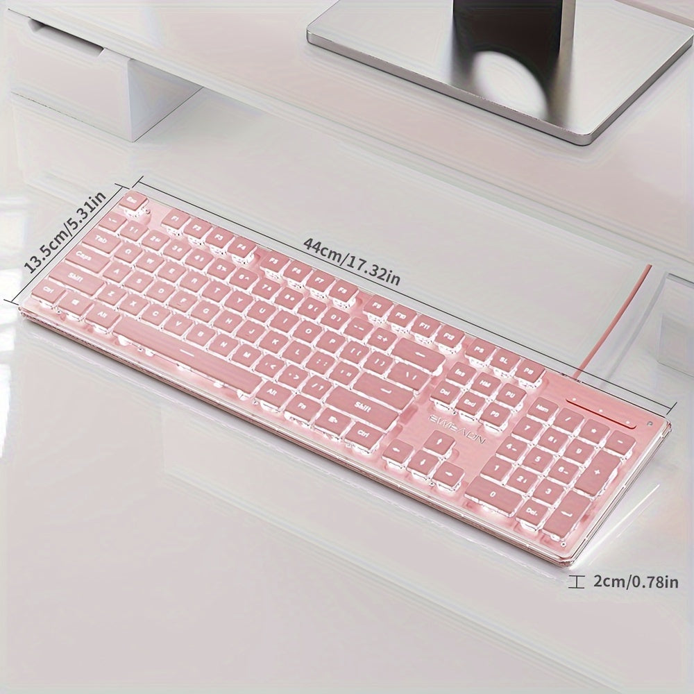 [Aesthetic Keyboard] EWEADN High Aesthetic Keyboard | 104 Keys All-Metal Panel Wired with Cozy keycaps, Mute button, and White Backlit USB - for Games and Office, Windows Laptop PC Pink
