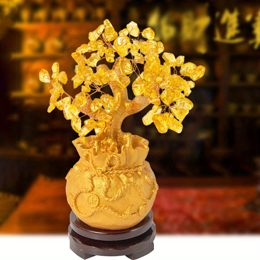 1pc Handcrafted Golden Crystal Money Tree in Intricate Pot - Prosperity & Wealth Attracting Decor, No Power Needed, Freestanding with Detailed Leaves for Home & Office