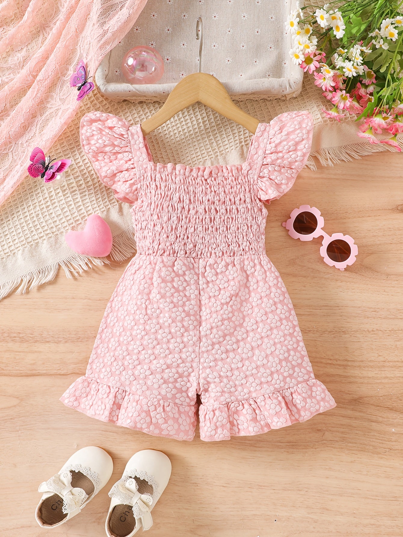 Summer Floral Print Girl'S Romper with Puff Sleeves & Bow Detail - Light Purple Ruffled Hem, Breathable Shorts for 0-3 Years, Cute Outfit for Warm Weather, Toddler Girl Outfit, Playful Little One'S Wear, Soft Texture Fabric, for Outdoor