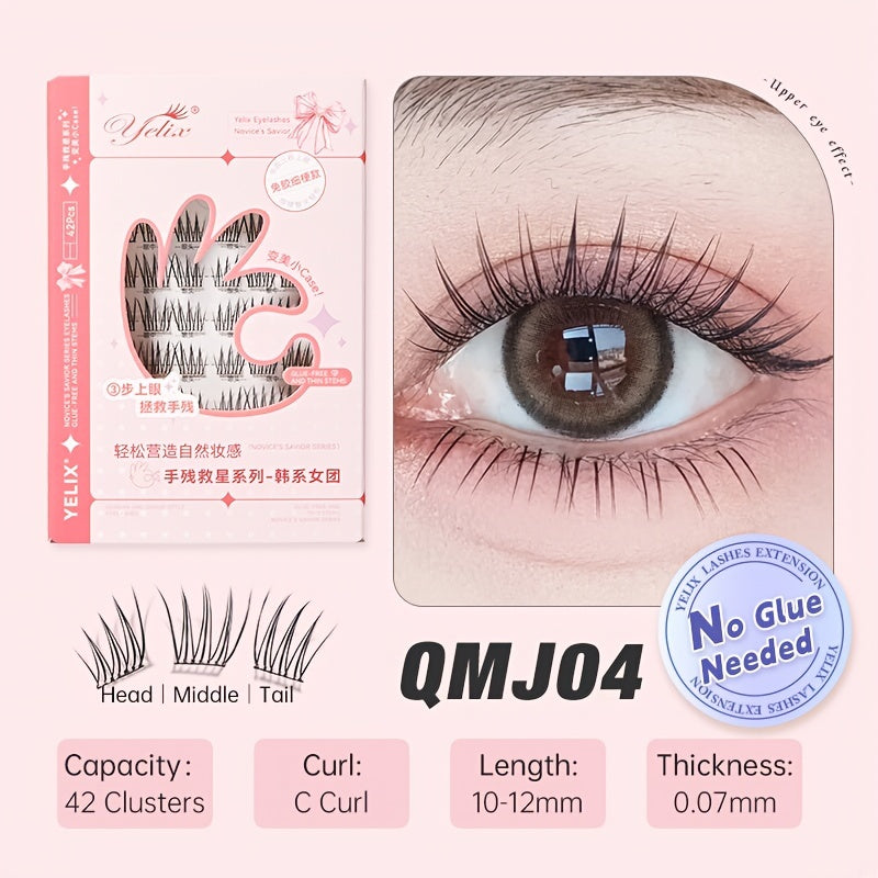 42 Clusters C/J Curl No Glue Needed Eyelash Extensions Handmade Grafting Individual False Eyelash Wispy Lashes Gift for Women & Girl