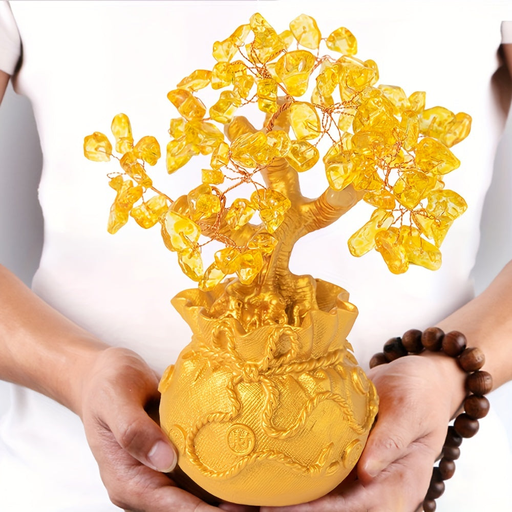 1pc Handcrafted Golden Crystal Money Tree in Intricate Pot - Prosperity & Wealth Attracting Decor, No Power Needed, Freestanding with Detailed Leaves for Home & Office