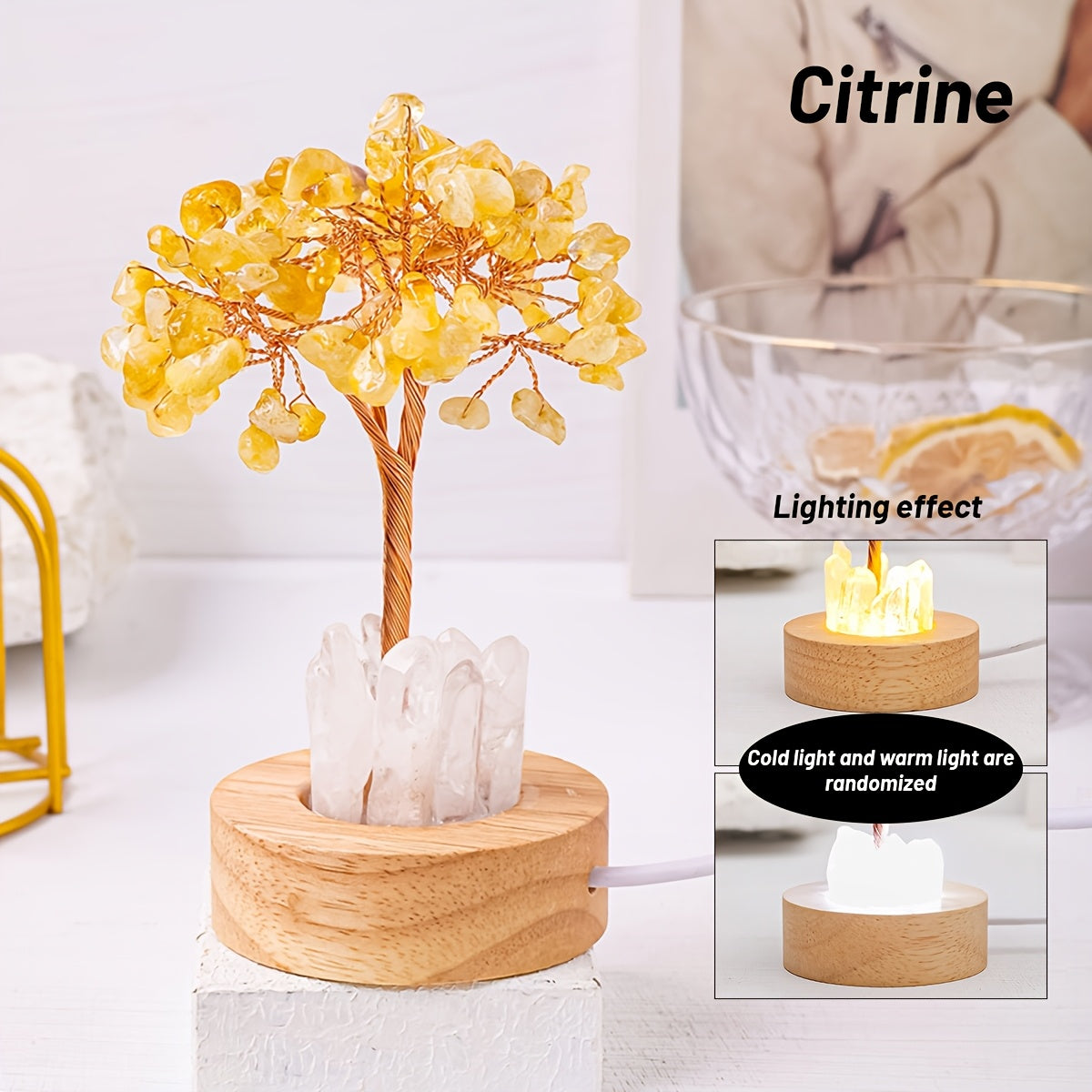[Natural Quartz Crystal Nightlight] 1pc Natural Clear Quartz Crystal Chip Tree - USB Port Decorative Bedside Ambiance Nightlight