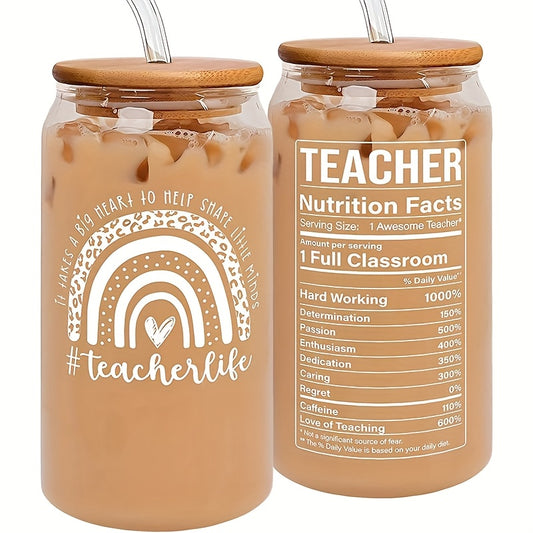 1pc Inspirational Teacher Appreciation Gift - 500ml/16.9oz Glass Coffee Cup with Motivational Quotes, Perfect for Teachers Day, Birthdays & Thank You Gifts, White, Kitchen & Dining Room Decor, Teacher Gift Idea | Playful Label Design | Wooden Lid Jar, Gif